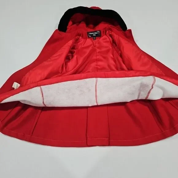Stephanie Matthews Girls 100% Wool Red Jacket Coat Black Velvet Size 5 Long Hood
